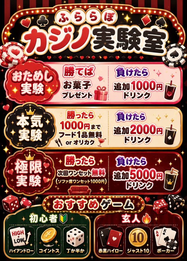 ふららぼカジノ実験室 カジノイベント(ハイアンドロー・ポーカーなど)